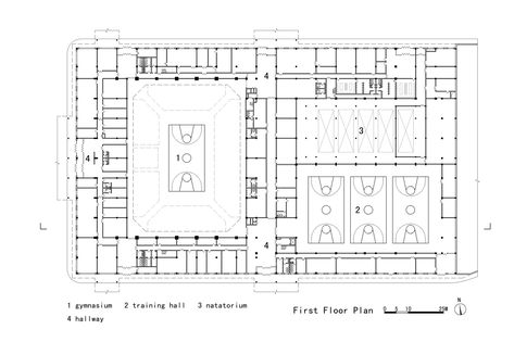 Image 11 of 15 from gallery of Daxinganling Culture and Sports Center / Had Architects. First Floor Plan Gymnasium Architecture, Sports Facility Architecture, Architecture Site Plan, Sports Center, Youth Center, Sport Hall, Architecture Concept Drawings, Layout Architecture, Sports Complex