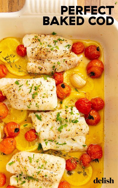 Lemony Baked Cod Roast Tomatoes = Seafood HeavenDelish Cod Fish Recipes Baked, Oven Baked Cod, Baked Cod Recipes, Cod Fish Recipes, Fish Recipes Baked, Fish Dinner Recipes, Diner Recept, Easy Seafood, Cod Recipes