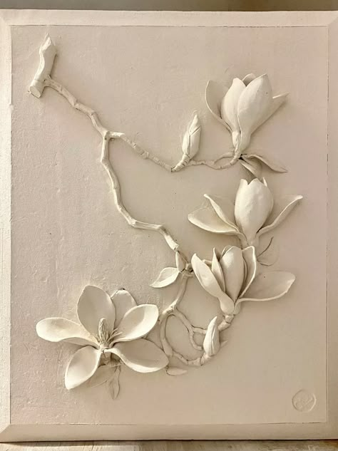 MAGNOLIA CERAMIC WALL PANEL | Botanical Ceramic Flower Wall Art, Clay Art Flowers, Flower Clay Art, Flower Ceramics, Ceramic Wall Art Sculpture, Ceramic Panel, Sculpture Flower, Lotus Sculpture, Sculpture Art Projects