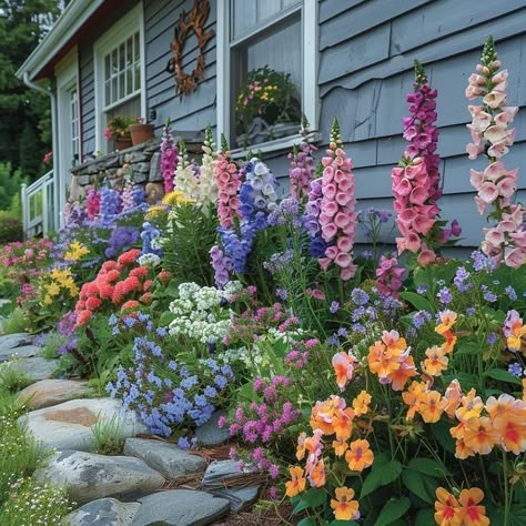 Foxglove In Garden, English Backyard Garden, Hollyhock Landscaping, Foxglove Garden Ideas, Upright Garden Ideas, Cottage English Garden, Delphinium Garden Ideas, English Garden Inspired Backyard, Petunia Landscaping Ideas