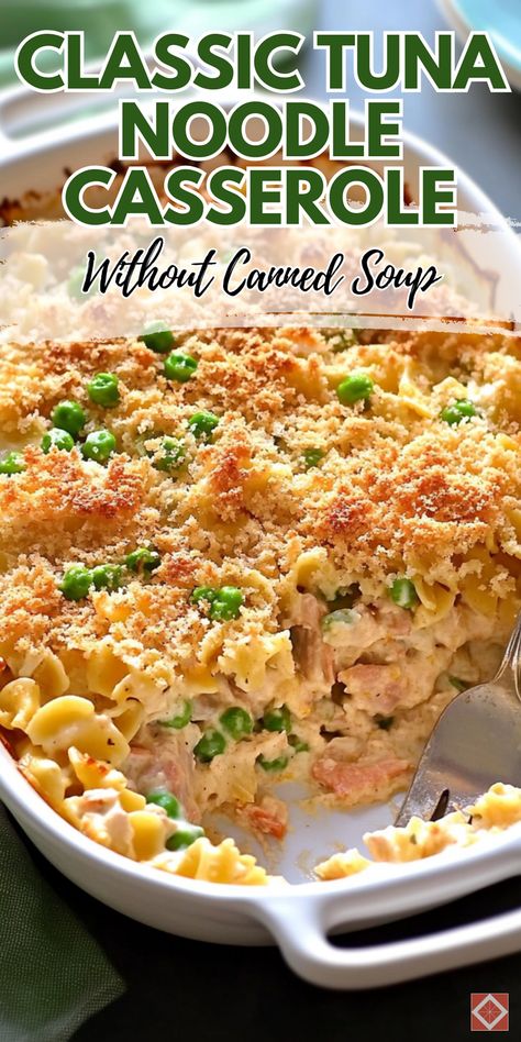 Enjoy a classic tuna noodle casserole without canned soup. Perfect for your food recipes board, this recipe uses fresh ingredients to create a delicious and wholesome dish. Save this pin and click for the full recipe and step-by-step guide. Make a comforting casserole that's both tasty and healthy. Quick Tuna Casserole, Tuna Noodle Casserole Without Cream Soup, Tuna Hotdish, Salmon Noodle Casserole, Classic Tuna Noodle Casserole, Turkey Noodle Casserole, Salmon Noodles, Noodle Casserole Recipes, Tuna Noodle Casserole