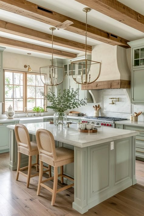 Kitchen Island Four Seats, Kitchen With Banquette And Island, Kitchen Island With Seating On Both Sides, Farmhouse Luxury Kitchen, Traditional Bar Stools Kitchen Island, Paneled Kitchen Island, 6 Person Island Kitchen, Kitchen With 2 Islands, Kitchen Layout With Island