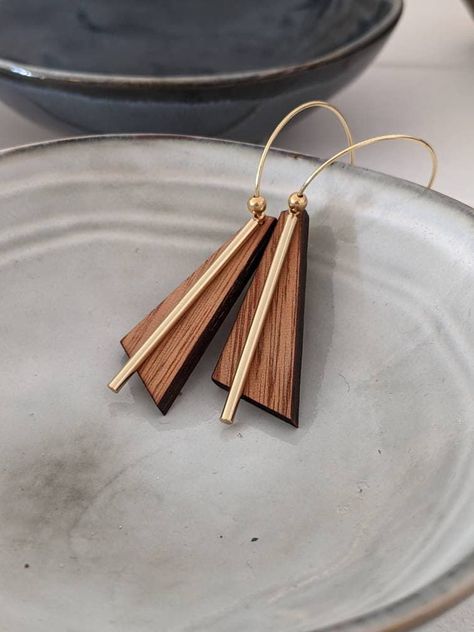 Eglantine: Upcycled Mahogany and Brass Hoop Earrings Gilded with 18k Gold Wood And Metal Jewelry, Wood Hoop Earrings, Laser Cut Wood Earrings, Natural Essence, Laser Cut Wood Crafts, Brass Hoop Earrings, Earrings Wood, Laser Cut Earrings, Brass Hoops