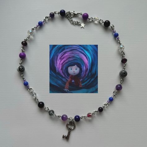 coraline key handmade beaded necklace #coraline #beadedjewelry #handmadejewelry Coraline Accessories, Coraline Jewelry, Fandom Bracelets, Coraline Necklace, Coraline Key, Fav Movie, Accessory Inspo, Beaded Things, Handmade Beaded Necklace