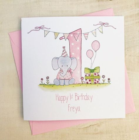 First Birthday Card, Packaging Cards, 1st Birthday Card, Beautiful Elephant, Order Packaging, First Birthday Cards, Watercolor Birthday Cards, Birthday Card Drawing, Elephant Illustration