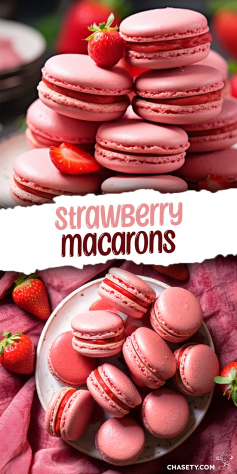 Strawberry Macarons Recipe, Easy Macaroons Recipe, Strawberry Macarons, Resep Starbuck, French Macaroon Recipes, Kue Macaroon, Macaron Filling, Resipi Kek, Macaron Flavors