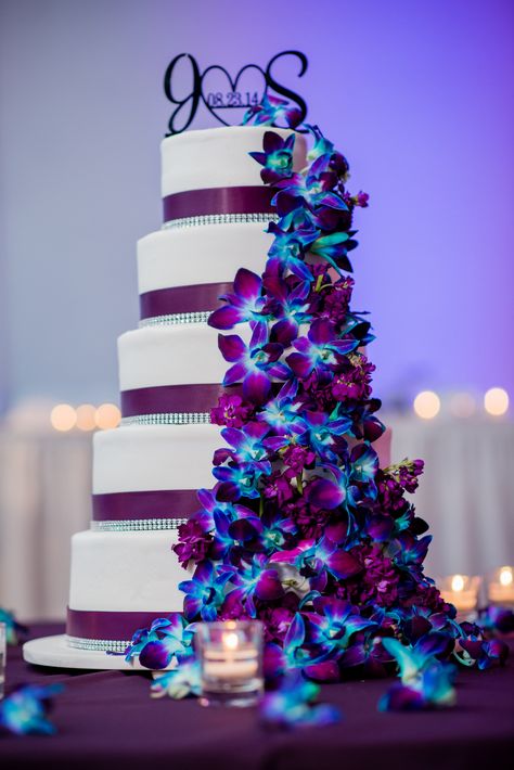 Our wedding cake.  Purple / Plum theme with dendrobium   orchids dyed blue and a few lisianthus filler flowers. Orchid Ideas, Peacock Wedding Cake, Purple Wedding Cake, Galaxy Wedding, Purple Wedding Cakes, Purple Wedding Theme, Royal Blue Wedding, Orchid Wedding, Dendrobium Orchids