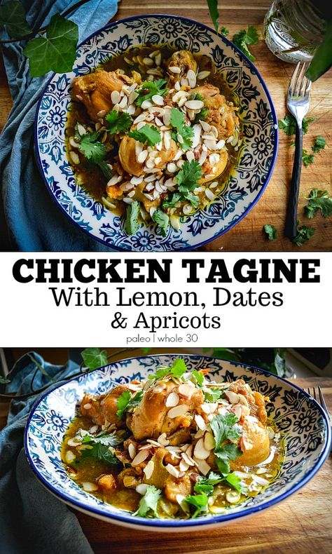 If you’re looking for a dish to transport you to a foreign land, this chicken tagine may do it. It’s filled with dates, apricots, almonds and spices. It’s paleo and whole 30 approved! #chickentagine #paleochickentagine #whole30chickentagine #paleochickenrecipes #whole30chickenrecipes #chickenrecipes #moroccanfood Whole 30 Chicken Recipes, Tagine Cooking, Chicken Tagine, Moroccan Cooking, Tagine Recipes, Moroccan Dishes, Paleo Chicken Recipes, Olive Recipes, Whole 30 Approved