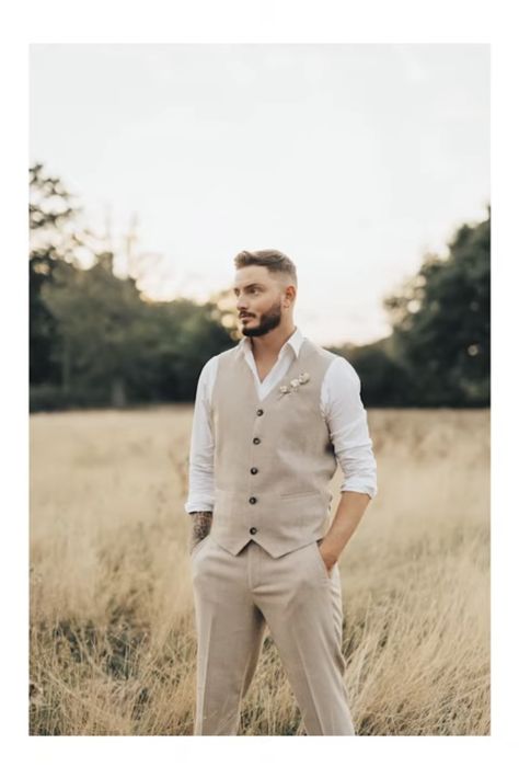 Groom With Jeans And Vest, Groom Vest No Jacket, Vow Renewal Groom Attire, Vow Renewal Mens Attire, No Jacket Groom, Groom Attire No Jacket, Relaxed Groom Attire, Vest Groomsmen Attire, Dusty Rose Groomsmen Attire