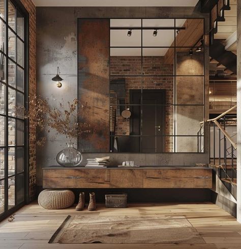 Industrial Art Deco Interior Design, Entrance Furniture Ideas, Office Entry Design, Industrial Villa, Statement Interior Design, Industrial Entrance, Industrial Modern Furniture, Industrial Basement Ideas, Brutalist Interior Design