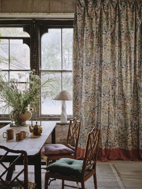 Liberty announces new interior fabric collection Botanical Atlas | Homes & Interiors Scotland Ticking Stripe Curtains, Colour Combinations Interior, Annie Sloan Paint Colors, Headboard Inspiration, Floral Design Drawing, Interior Design Fabric, Headboard Styles, House London, Cushion Headboard