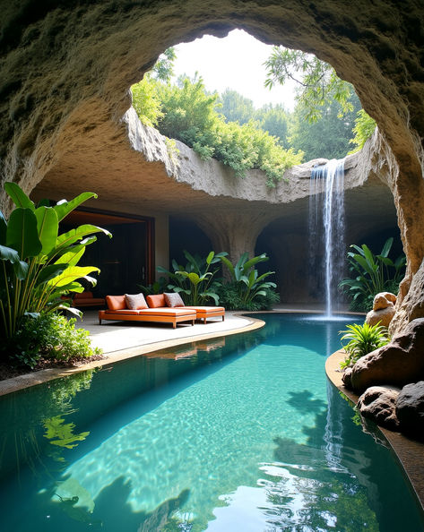 Amazing pool in a cave! 🌿💧 Dream Pools Luxury Indoor, Cave Interior Design, Pool Cave, Underground Swimming Pool, Grotto Pool, Grotto Design, Underground Pool, Cave Pool, Future Mansion