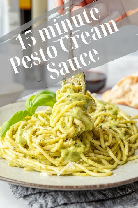 A creamy pesto sauce that is ready in just about 15 minutes. Toss it with pasta or spoon over grilled chicken for a great weeknight dinner. Pesto Cream Sauce Pasta, Barilla Pesto, Pesto Cream Sauce, Butter Sauce For Pasta, Creamy Pesto Sauce, Cream Sauce Pasta, Pasta Board, Pastas Recipes, Pesto Pasta Recipes