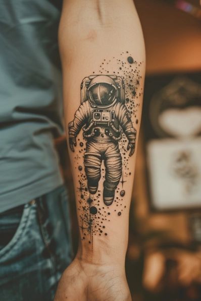 23+ Creative Space & Galaxy Tattoo Ideas Space Full Sleeve Tattoo, Geometric Astronaut Tattoo Design, Astronaut Fine Line Tattoo, Rocket Man Tattoo, Astronaut Tattoo Men, Constalation Stars Tatoos, Geometric Space Tattoo, Cool Tattoos For Guys Unique, Blueprint Tattoo