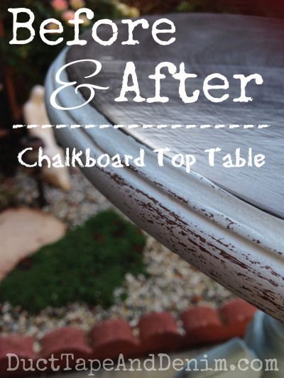 Before and after chalkboard table, Memphis Blue CeCe Caldwell's natural chalk and clay paint | DuctTapeAndDenim.com Refinish Table Top, Chalkboard Table Top, Thrift Store Diy Projects, Chalkboard Table, Thrift Store Diy, Garage Sale Finds, Makeover Before And After, Flea Market Flip, Flea Market Style