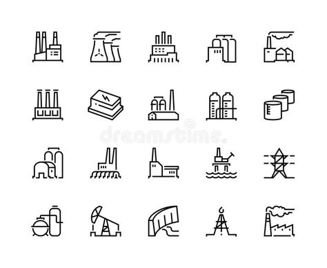 Factory line icons. Industry power, chemical manufacturing building warehouse nuclear energy plant. Industrial factories vector illustration Factory Icon, Earth Symbols, Map Symbols, Chemical Plant, Plant Icon, Industrial Factory, Nuclear Energy, Chemical Industry, Book Art Diy