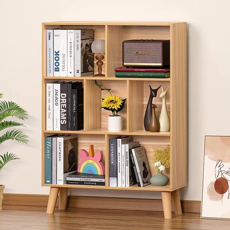 LEYAOYAO Wooden 7 Cube Book Shelf, Natural 3 Tier Bookshelf with Legs, Modern Open Storage Organizer,Boho Bookcase,Display Cabinet Shelf Free Standing Bookshelves for Bedroom,Living Room,Office. #AD Cube Book Shelf, Boho Bookcase, Standing Bookshelves, 3 Tier Bookshelf, Bookshelves Storage, Cube Bookshelf, Standing Bookshelf, 3 Shelf Bookcase, Bookcase Display