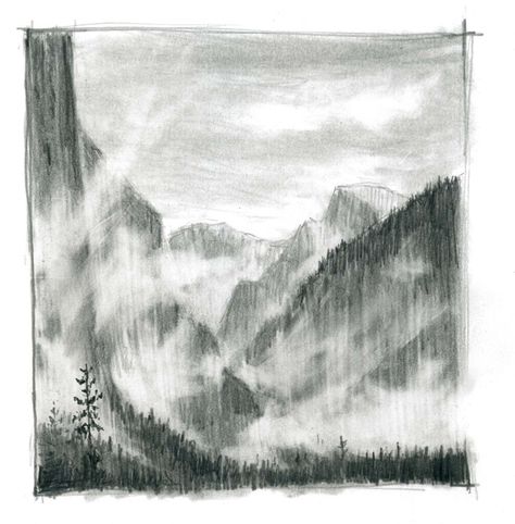 Learn how to draw mist in the trees with graphite pencil in this step-by-step demonstration. How To Draw Mist, Mist Drawing, Landscape Graphite Drawing, How To Draw Foggy Forest, Tree Graphite Drawing, Dark Forest Drawing Pencil, Landscape Pencil Drawings, Sketches Of People, Nature Drawing