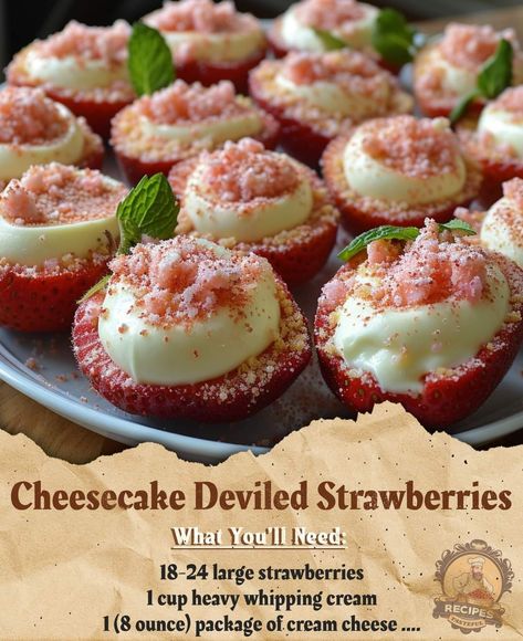 Deviled Strawberries, Strawberry Cheesecake Bites, Recipes With Whipping Cream, Strawberry Dessert Recipes, Cheesecake Filling, Easy Baking Recipes Desserts, Sweet Snacks Recipes, Fun Baking Recipes, Easy Baking Recipes