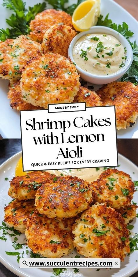 Ready in minutes, these Easy Shrimp Cakes with Lemon Aioli are a must-try! Enjoy the crunch of perfectly cooked shrimp cakes paired with a creamy, lemony dipping sauce for a simple, delicious meal. Recipes With Mini Shrimp, Shrimp Recipes For Party, Shrimp Recipes Appetizers, Mini Shrimp Recipes, Baked Shrimp Recipes Healthy, Shrimp Cakes Recipe, Simple Shrimp Recipes, Easy Shrimp Dip, Shrimp Cake Recipe