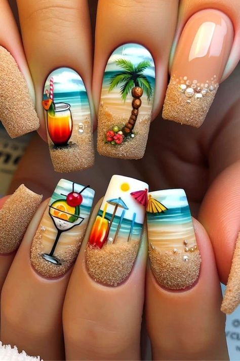 Hawaiian Nails, Cruise Nails, Beach Nail Designs, Beachy Nails, Unghie Sfumate, Unghie Nail Art, Watermelon Nails, Golden Nails, Tropical Nails