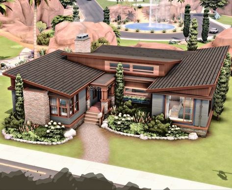 Sims 4 Modern Exterior, Sims 4 Houses Layout Oasis Springs, 1 Floor Sims 4 House, Sims Minimalist House, One Story House Sims 4, Sims Houses Modern, Sims 4 One Floor House, Sims 4 Midcentury House, Sims 4 30x30 House