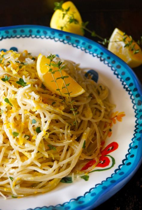 This Meyer Lemon Spaghetti with Thyme is light, delicious and perfect as an entrée or a side dish. It’s so quick and easy to make a lovely Meyer lemon pasta sauce, you might just make this your go-to-recipe. #pasta #meyerlemons #lemons #spaghetti #thyme Lemon Thyme Pasta, Recipes Using Meyer Lemons, Meyer Lemon Recipes Dinners, Lemon Thyme Recipes, Spaghetti Parmesan, Lemon Recipes Healthy, Pasta With Lemon Sauce, Thyme Sauce, Meyer Lemon Recipes