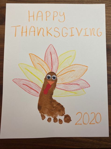 Thanksgiving Art Work For Toddlers, Turkey Art For Infants, November Art For Babies, Turkey Toddler Art, Footprint Turkey Craft, Thanksgiving Feet Print Crafts, Thanksgiving Arts And Crafts For Infants, Thanksgiving Footprint Crafts, November Crafts Toddlers