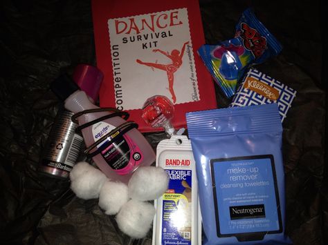 Dance Competition Survival nail polish remover, makeup remover wipes, cotton balls, band aids ,hair spray, tissues, pintailholder, lollipop,ring pop Dance Survival Kit, Survival Kit Ideas, Dance Competition Gifts, Recital Gifts, Dance Team Gifts, Dance Recital Gifts, Buddy Gifts, Dance Comp, Dance Camp