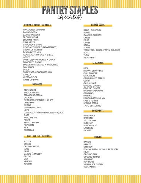 A FREE Pantry Staples Checklist to help you know what to try and keep on hand in the pantry for cooking and baking. Also, information about how long this food lasts in the pantry! Pantry And Fridge Essentials, Food Staples To Have, Kitchen Food Staples, Staples To Have In Your Pantry, Fridge Must Haves Food Grocery Lists, Budget Pantry Staples, Pantry Must Haves Staples, Must Have Pantry Items, House Hold Essentials List