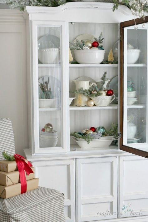 China Hutch Decor, Hutch Decor, Christmas China, Christmas Tablescape, Christmas Kitchen Decor, Cottage Christmas, White Christmas Decor, White China, Cabinet Decor