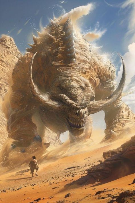 Fantasy Desert Monster, Desert People Art, Fantasy Beast Concept Art, Desert Monster Concept Art, Fantasy Desert Village, Megalophobia Art, Fantasy Desert Creatures, Fantasy Art Desert, Desert Fantasy Art