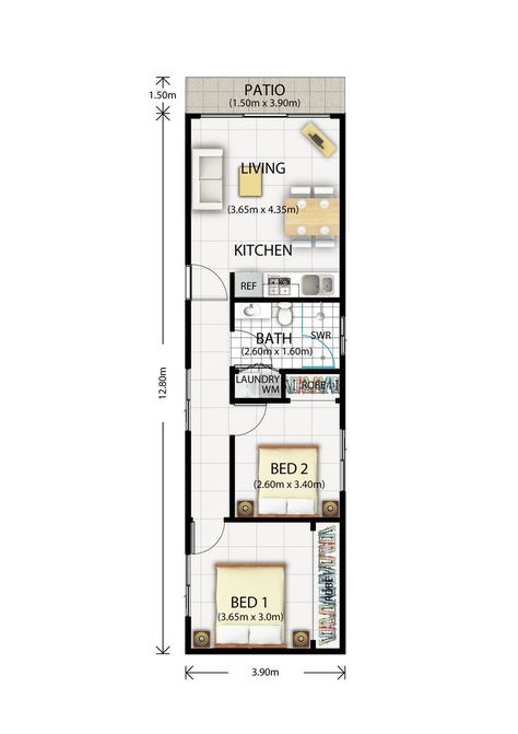 Granny Flat Plans, Flat Plan, Narrow House Designs, Narrow House Plans, Granny Flats, Tiny House Layout, Small House Floor Plans, Apartment Floor Plans, Tiny House Floor Plans