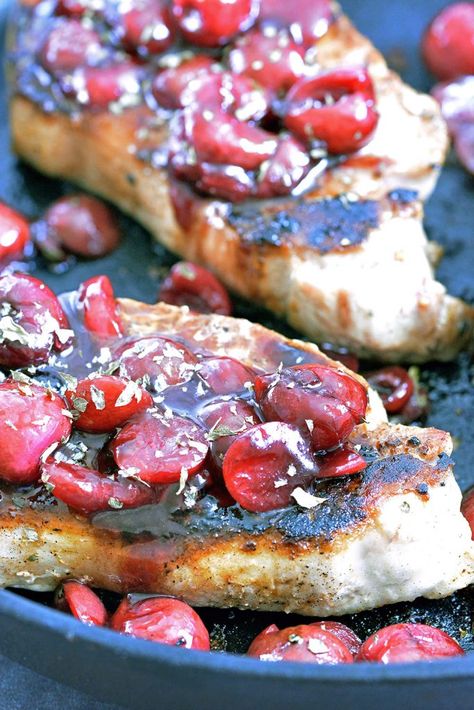 Boneless Pork Chops Smothered in Balsamic Cherry Sauce Pork Chops Smothered, Cooking Boneless Pork Chops, Healthy Pork Chops, Healthy Pork Chop Recipes, Balsamic Cherries, Pan Seared Pork Chops, Marinated Pork Chops, Healthy Pork, Seared Pork Chops