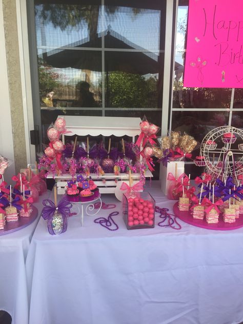 Pink and purple treats Pink And Purple Snack Table, Pink And Purple 18th Birthday Party, Pink And Purple Barbie Party, Purple Party Decorations Diy, Bratz Baby Shower Ideas, Purple Treats, Sweets Table Ideas, Baby Bratz, Pink Dessert Tables