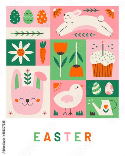 Season Illustration Design, Easter Pattern Illustration, Easter Design Graphic, Easter Illustration Design, Spring Pattern Illustration, Easter Card Design, Easter Icons, Easter Poster Design, Easter Graphic Design