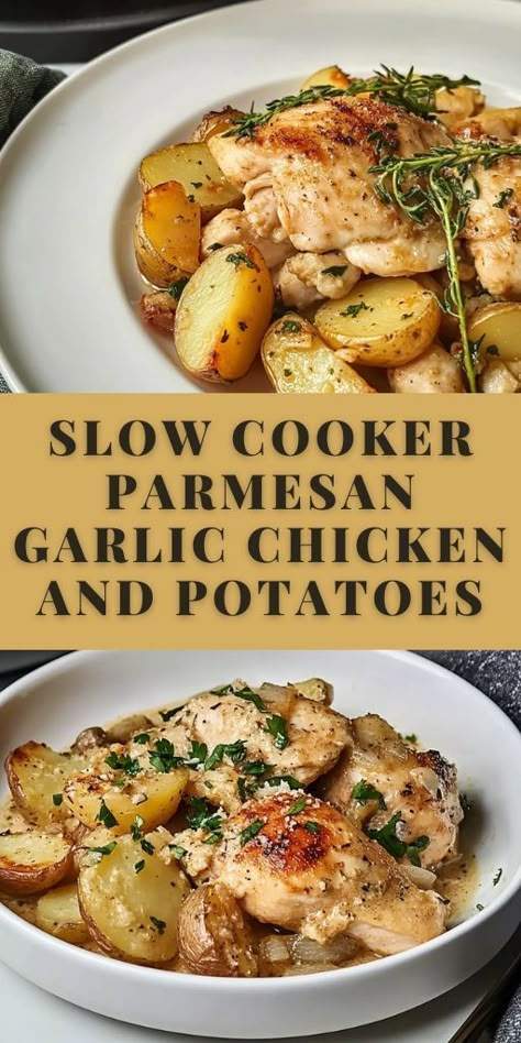 Say hello to your new favorite dinner recipe! 💕 This Slow Cooker Parmesan Garlic Chicken and Potatoes is a game-changer for weeknight meals. 🍗🧄 Packed with flavor and made with simple ingredients, it’s a comfort food dream! 🥔 Let your crockpot do the work while you enjoy a stress-free cooking experience. 😌 Perfect for families or anyone who loves easy, hearty meals. 🌟 Save it now and thank us later! 🙌 #SlowCookerMeals #DinnerRecipes #ChickenAndPotatoes #EasyCooking #FoodLove 🍲 Stuffing Soup, Garlic Chicken With Potatoes, Garlic Chicken And Potatoes, Slow Cooker Garlic Parmesan Chicken, Slow Cooker Chicken Potatoes, Parmesan Garlic Sauce, Garlic Chicken Crockpot, Crockpot Chicken And Potatoes, Potato Recipes Crockpot