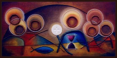 LA ULTIMA CENA (Painting) por Agustin Valero Montaño OLEO SOBRE TEXTURAS DE TEXTILES, EN PANEL DE MADERA (VENDIDO) Last Supper Art, Virgin Mary Art, Modern Christian Art, Jesus Painting, Biblical Art, Sun Art, Last Supper, Church Decor, Mexican Art