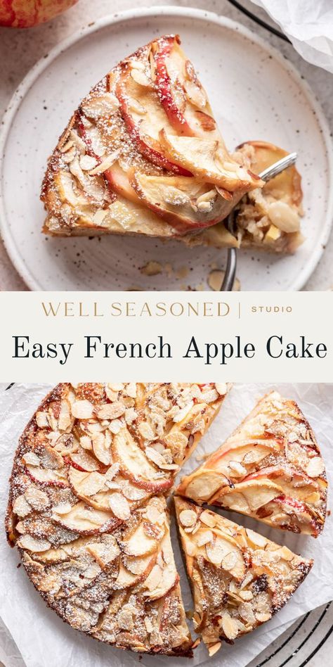 I never tire of ways to bake with apples during the fall, and this French Apple Almond Cake is my newest go-to. It's got a delicate, tender texture with crisp edges and sweet, tart apple flavor. Enjoy with powdered sugar, ice cream, whipped cream, or crème fraîche! #wellseasonedstudio #almondcake #applecake #frenchcake French Apple Cake With Almonds, French Apple Almond Cake, Apple Almond Cake Recipe, Apple Almond Tart Recipe, Fall Ice Cream Cake, French Apple Cake Recipe Easy, French Almond Cake Recipe, Bake With Apples, French Almond Cake