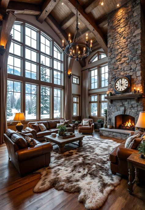 Rustic Living Room Montana Inspired Living Room, Modern Lodge Decor Living Room, Lodge Interior Design Rustic, Cozy Cabin Living Room Ideas, Grand Fireplace Ideas Living Rooms, Winter Lodge Interior, Rustic Family Rooms, Lodge Living Room Ideas, Mountain Home Interiors Cozy Cabin