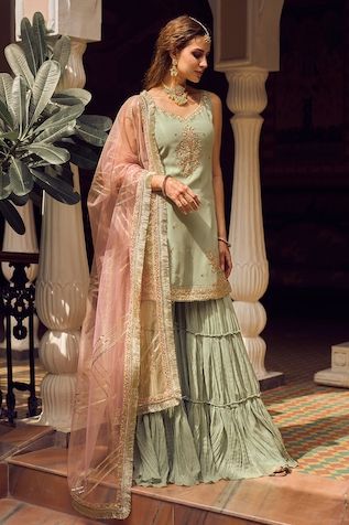 Buy Green Dupion Silk Embroidered Pearl And Cut Dream Kurta Sharara Set For Women by Mona and Vishu Online at Aza Fashions. Green Gharara, Green Sharara Suit, Green Sharara, Indian Suits For Women, Leaf Sleeve, Sharara Designs, Kurta Sharara Set, Kurta Sharara, Embroidered Motifs