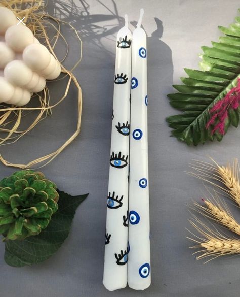 Evil Eye Bead Candles, Blue Eye Tapered Candles, Set of 2 Candle Sticks, Superstition Candle, Gift for She, Tapered Positive Energy Candle, Gift for Her, Taprt Candles Mati, Nazar Boncuk  hand painted, standard size,  made from 100% soy wax Wax Painted Candles, Candle Sticks Diy, Painted Candlesticks Diy, Candle Wax Painting, Evil Eye Craft, Painted Candle Sticks, Evil Eye Candle, Emily Room, Candle Painting