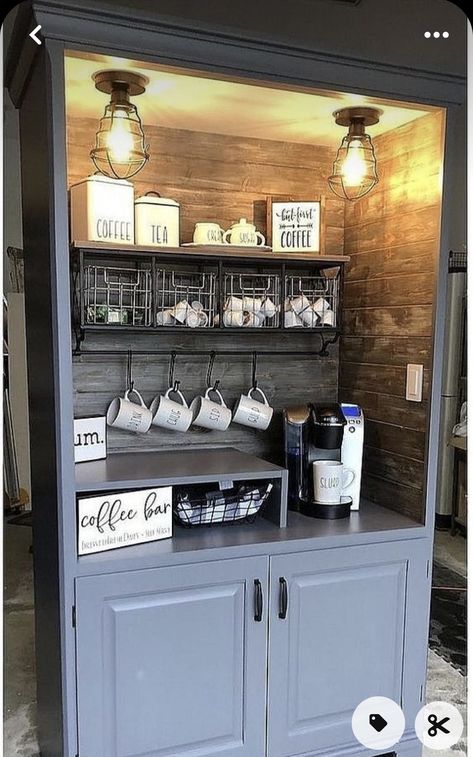 Wardrobe Turned Into Coffee Bar, China Cabinet Redo Coffee Stations, Coffee Bar Made From Hutch, China Hutch Coffee Bar, Coffee Station Hutch, Hutch Coffee Bar Ideas, Hutch Makeover Coffee Bar, Coffee Bar From Hutch, Coffee Bar Bookshelf