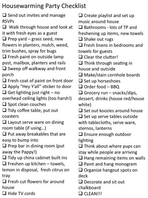 Housewarming Party Checklist - love a good list for how to get my home ready House Warming List, Themes For House Warming Party, Themed Housewarming Party, Intimate House Warming Party, How To Plan A Housewarming Party, Housewarming Party Games Free Printable, Housewarming Party Ideas, Housewarming Party Themes, Housewarming Party Games