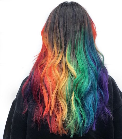 Rainbow Ombre Hair For Brunettes, Rainbow Hair With Dark Roots, Rainbow Dip Dye Hair, Rainbow Balayage Brunettes, Rainbow Roots Black Hair, Red And Rainbow Hair, Rainbow Ends Hair, Lesbian Hair Color, Rainbow Tips Hair