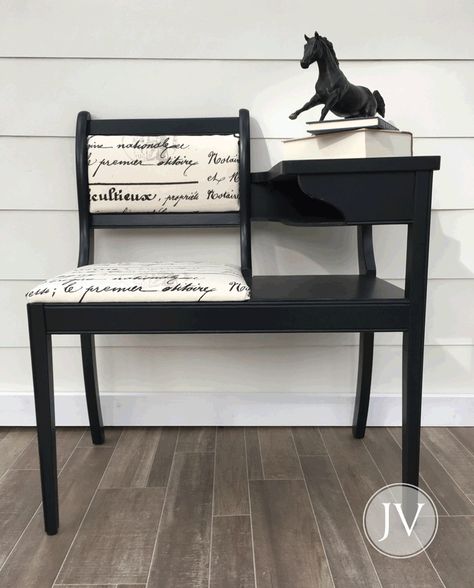 Conversation Desk in Lamp Black | General Finishes Design Center Telephone Table Makeover, Telephone Chair, Vintage Telephone Table, Gossip Bench, Black Painted Furniture, Water Based Wood Stain, Antique Phone, Antique Telephone, Telephone Table