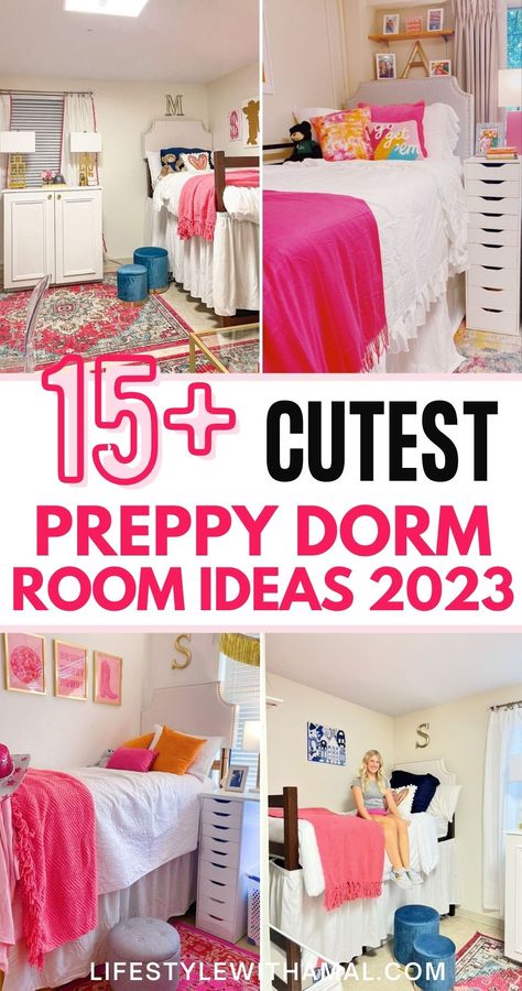 Looking for preppy dorm room ideas? Here are all the cutest preppy dorm rooms you'll want to see! If you love pink and orange, pink and blue, and bright colors, you will love these dorm room ideas! White Room Pink Accents, Preppy Dorm Room Ideas Pink, Hot Pink Dorm Room Ideas, Pink And Orange Dorm Room Ideas, Preppy Hangout Room, Preppy Dorm Room Ideas Pink And Orange, Pink Orange And Blue Bedroom, Hot Pink And Orange Dorm Room, Dorm Orange And Pink