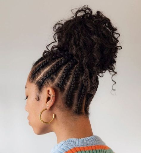 Scalp Braids to a Curly Bun Two Cornrow Braids, Half Cornrows, Latest Braided Hairstyles, Twist Cornrows, Scalp Braids, Cornrow Ponytail, Different Braids, Braided Cornrow Hairstyles, Pelo Afro