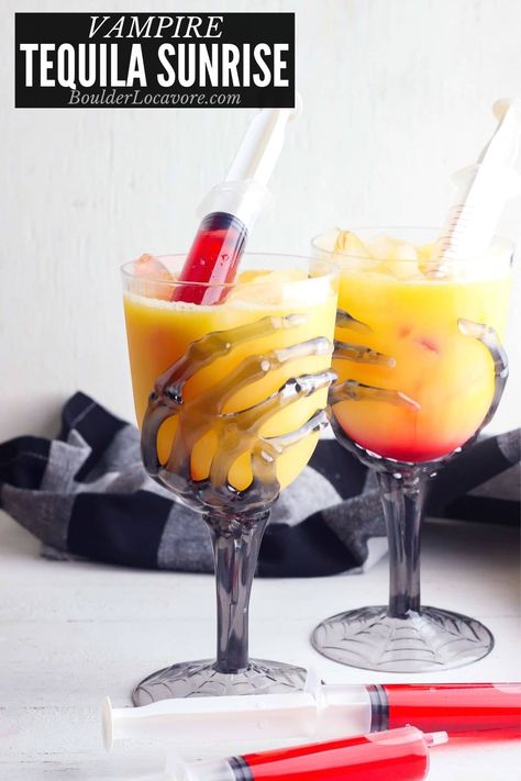 The classic Tequila Sunrise cocktail turns into a perfect Vampire Cocktail for Halloween. With a fun presentation this cocktail or mocktail is a great Halloween party recipe. Tequila Sunrise Drink, Sunrise Drink, Easy Halloween Cocktails, Cocktails Made With Vodka, Halloween Recipes Drinks, Tequila Sunrise Cocktail, Sunrise Cocktail, Mimosa Recipe, Easy Christmas Cookie Recipes