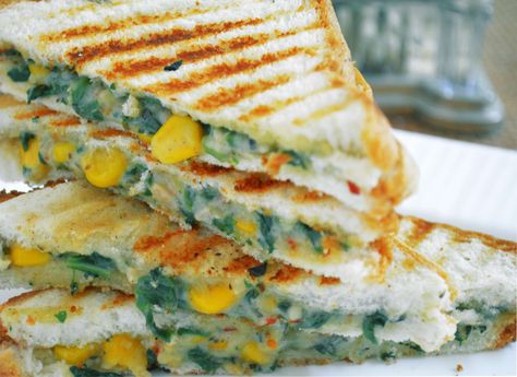 Start your day with this healthy and delicious spinach and corn sandwich. It's easy quick and awesome to make as the kid's will just love this breakfast on a lazy weekend. Recipe by Pooja  Click here for recipe: http://ift.tt/1V6swcv #Vegetarian #Recipes School Lunch Sandwiches, Spinach Sandwich, Cauliflower Potato Soup, Sandwich Video, Grilled Paneer, Grilled Sandwiches, Lunch Recipe, Healthy Sandwiches, Sandwiches For Lunch